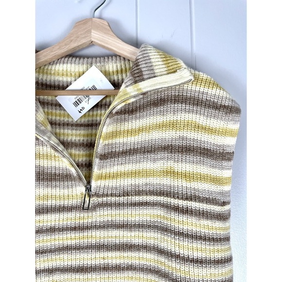 Elan Sleeveless Sweater Collared Zip Neckline Yellow & Brown Striped‎ NWT Size L - Picture 2 of 4